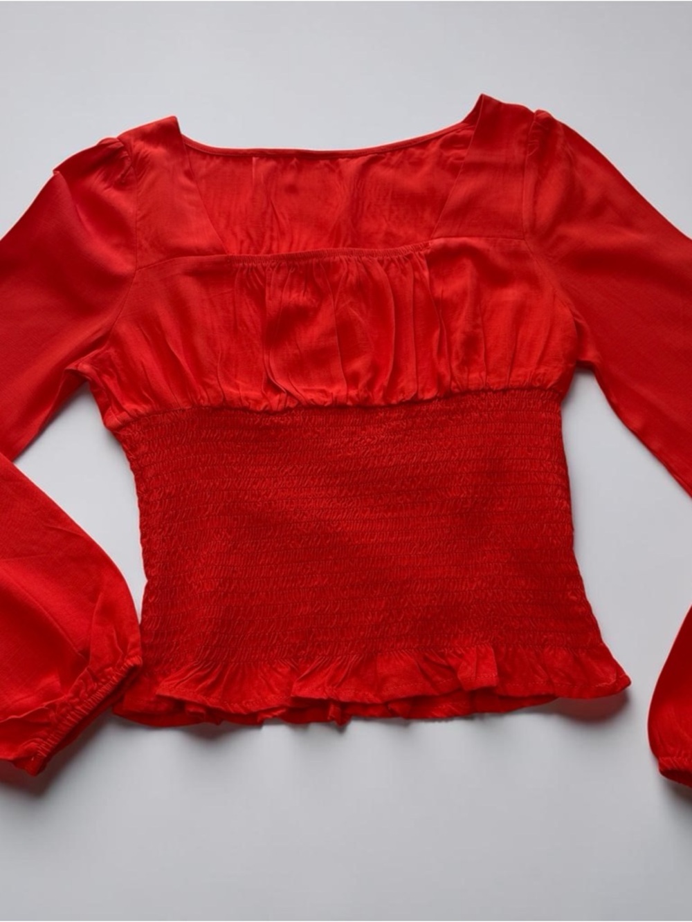 100% Rayon Smocked Waist Red Square-Neck Women's Blouse